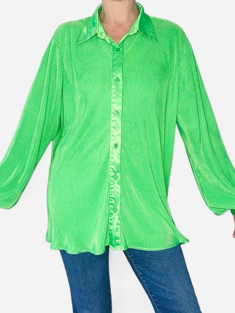 Blue B Collection Neon Green Slinky Ribbed Oversized Button Down Blouse
